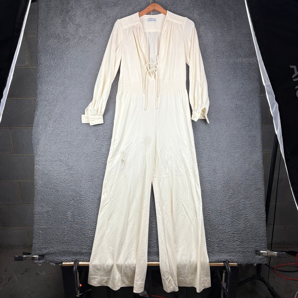 Frances Henaghan Vintage 70s Cream Wide Leg Jumpsuit Lace Up‎ Smocked Womens